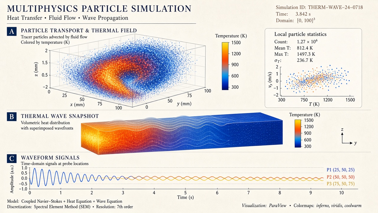 Scientific visualization of particle simulations, heatmaps, and waveforms on a light canvas