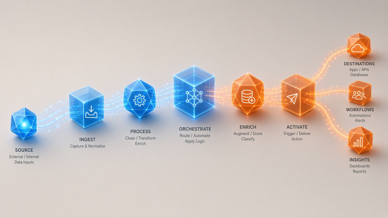 Blue-to-orange workflow pipeline of geometric nodes on a light canvas