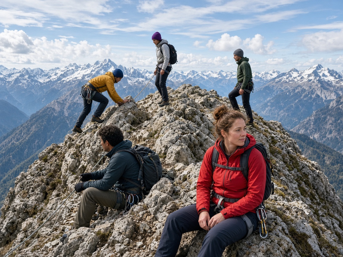 Studio members mountain climbing on a rocky ridge