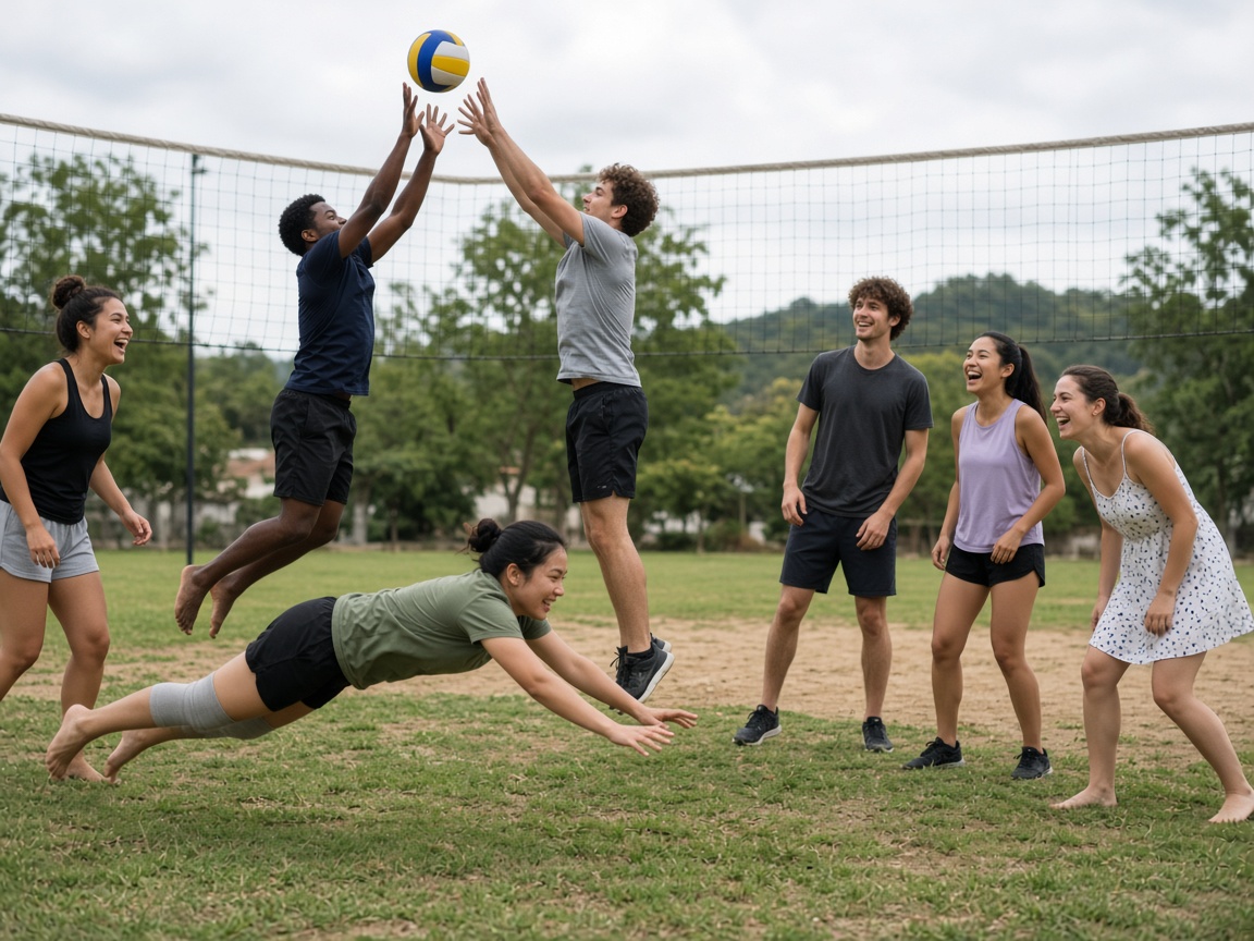 Studio members playing an outdoor volleyball game