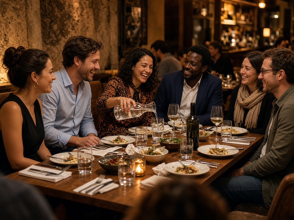 Studio members at a long restaurant table after work