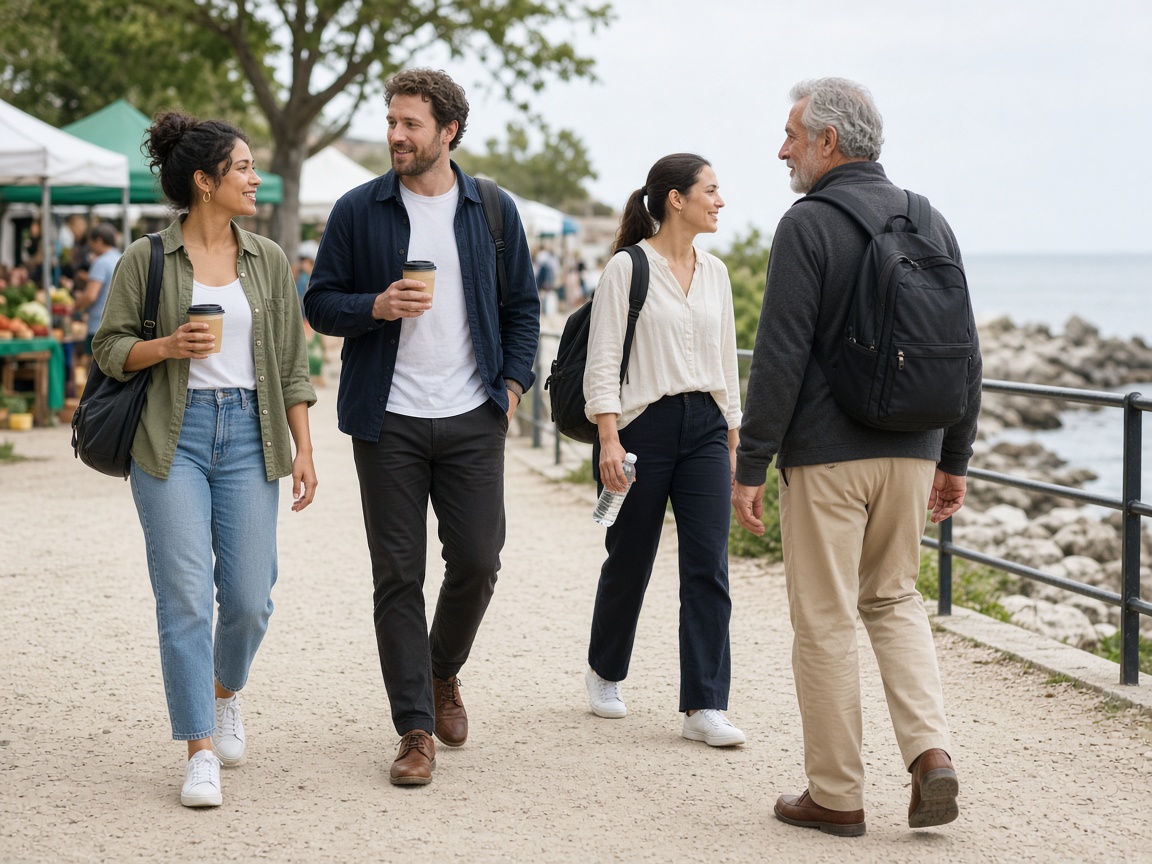 Studio members walking a weekend path with coffee