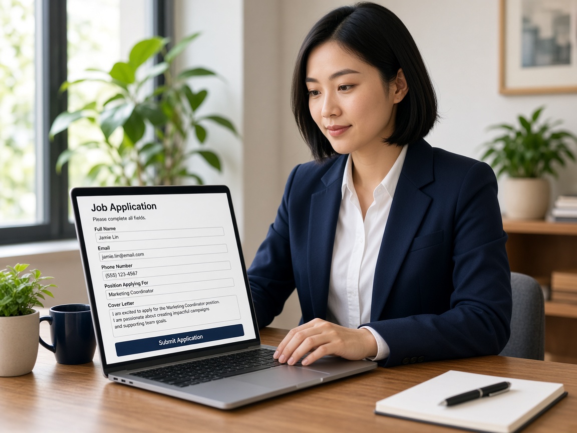 A candidate applying to an open role from home with the job application form clearly on screen