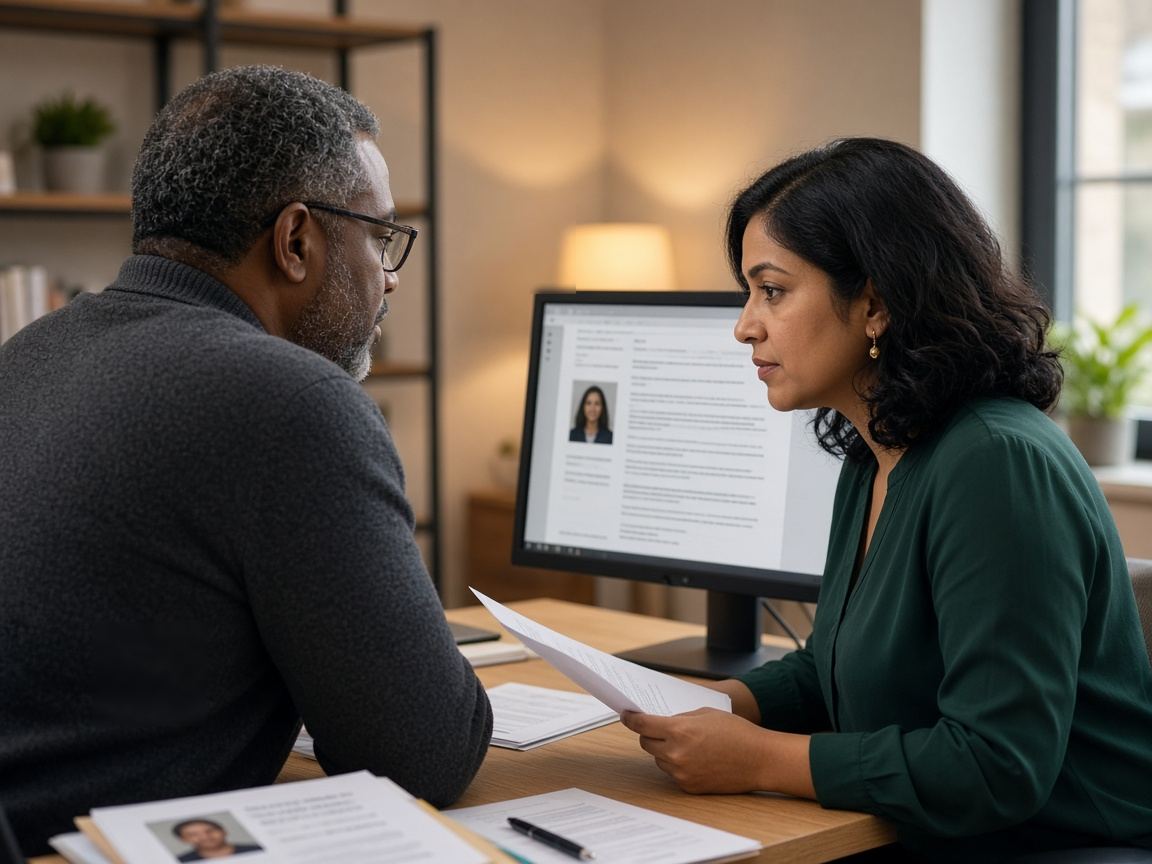Studio reviewers reading a candidate resume on a monitor