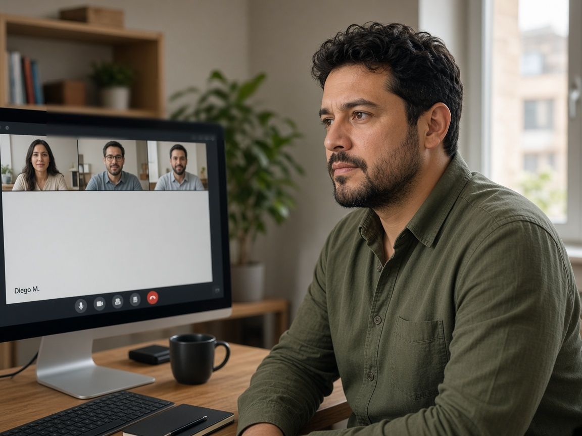 A candidate in a remote video interview discussing a real problem on screen