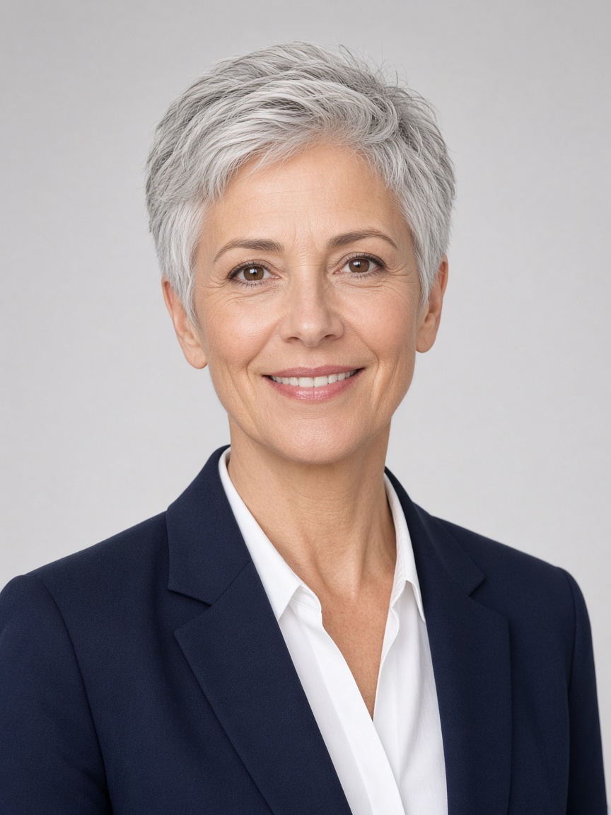 Clara, Scientific AI lead, looking at the camera in a navy blazer
