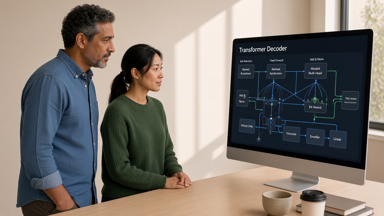Two people looking at a monitor showing a transformer decoder model diagram