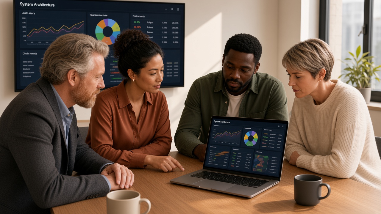 Four engineers looking at a laptop screen of product dashboards