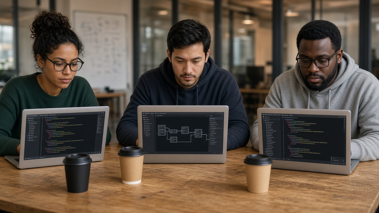 Three engineers looking at their own laptop screens during the Build stage