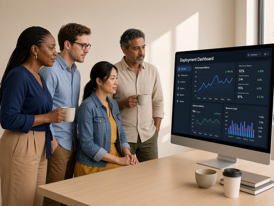 Four diverse professionals looking at a deployment dashboard on a large monitor during the Deploy stage
