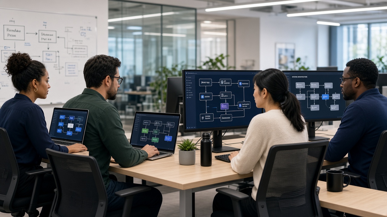 Design session with professionals at individual workstations, each viewing architecture diagrams on their own screen