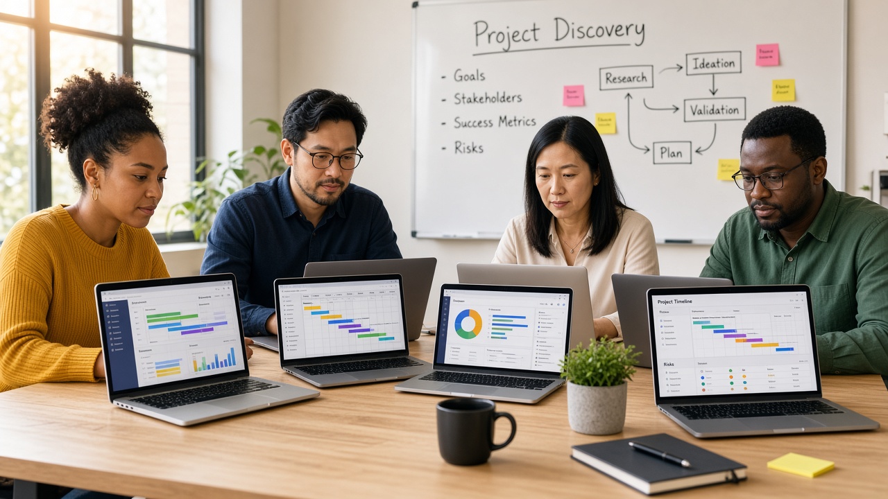 Four professionals at a discovery session, each looking at their own laptop dashboard