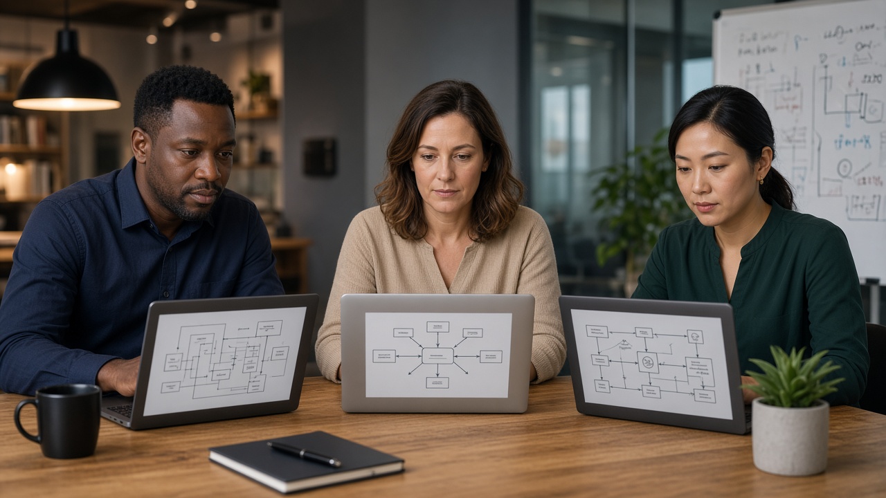 Three professionals looking at their own laptop screens during a handoff session
