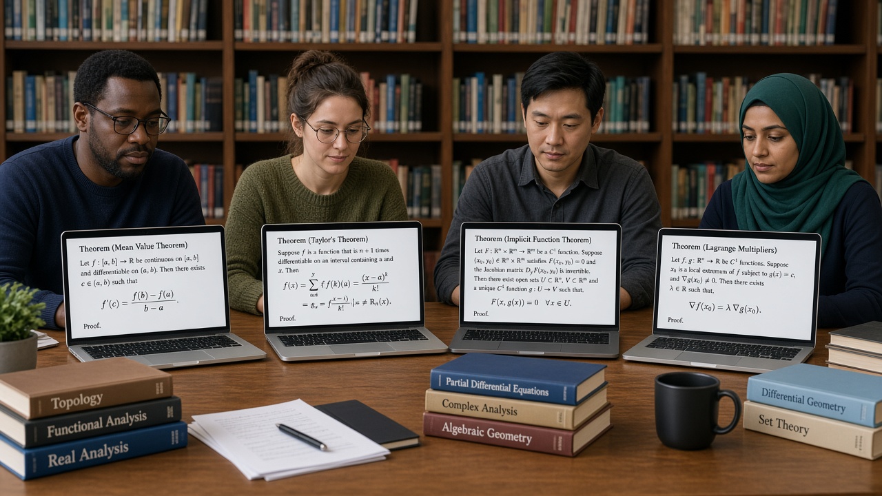 Four researchers looking at mathematical proofs on their own laptop screens