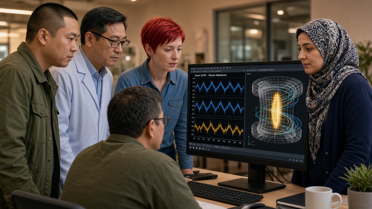 Four diverse professionals looking at a monitor of physics simulations