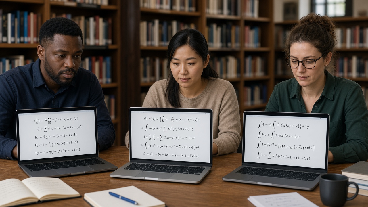 Three professionals looking at mathematical equations on their own laptop screens