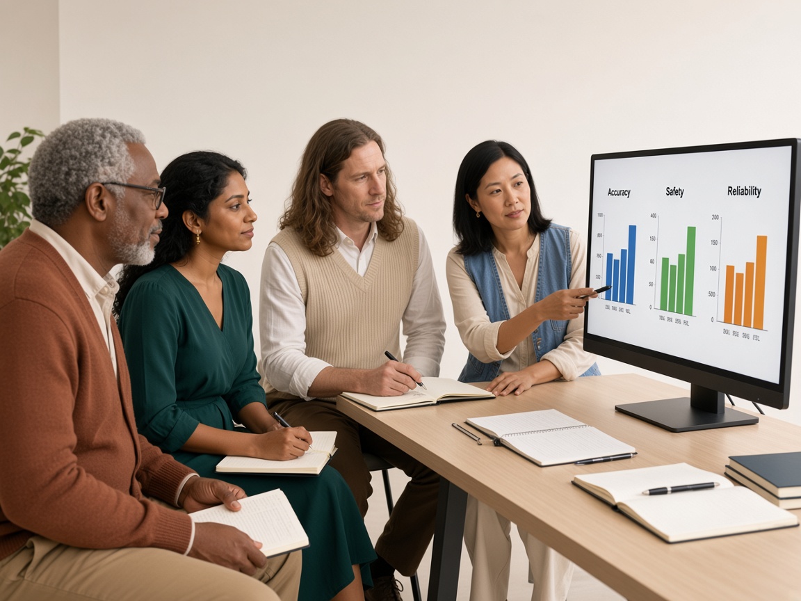Four diverse professionals looking at a monitor of accuracy and reliability metrics during the Validate stage