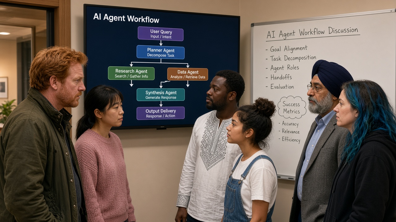 Six diverse professionals looking at a monitor of an AI agent workflow