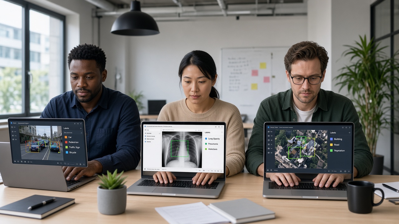 Three professionals looking at data annotation tools on their own laptops