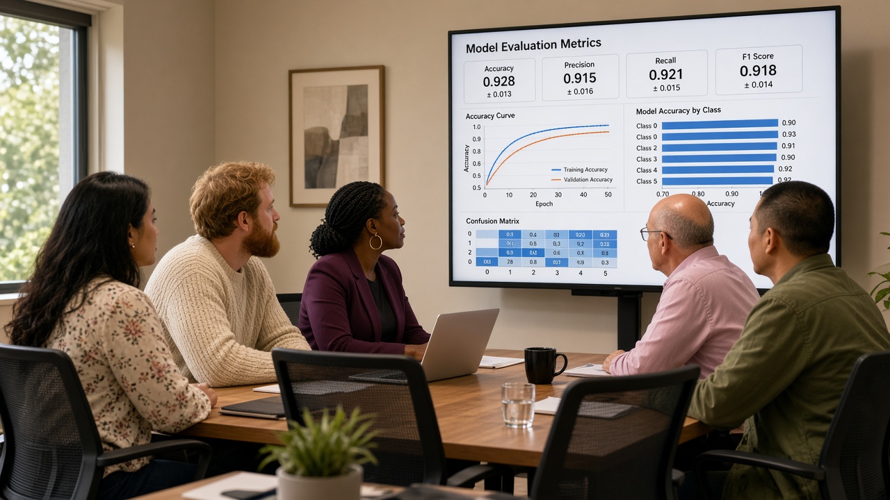 Five diverse professionals looking at a monitor of model evaluation metrics
