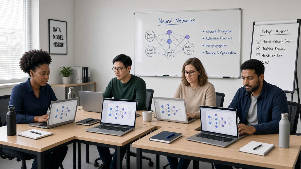 Four professionals at individual desks, each looking at a neural network on their own laptop