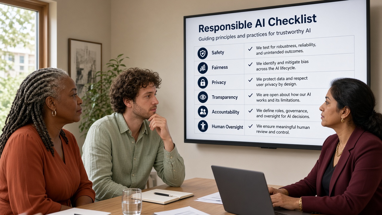 Three diverse professionals looking at a presentation screen of a responsible-AI checklist