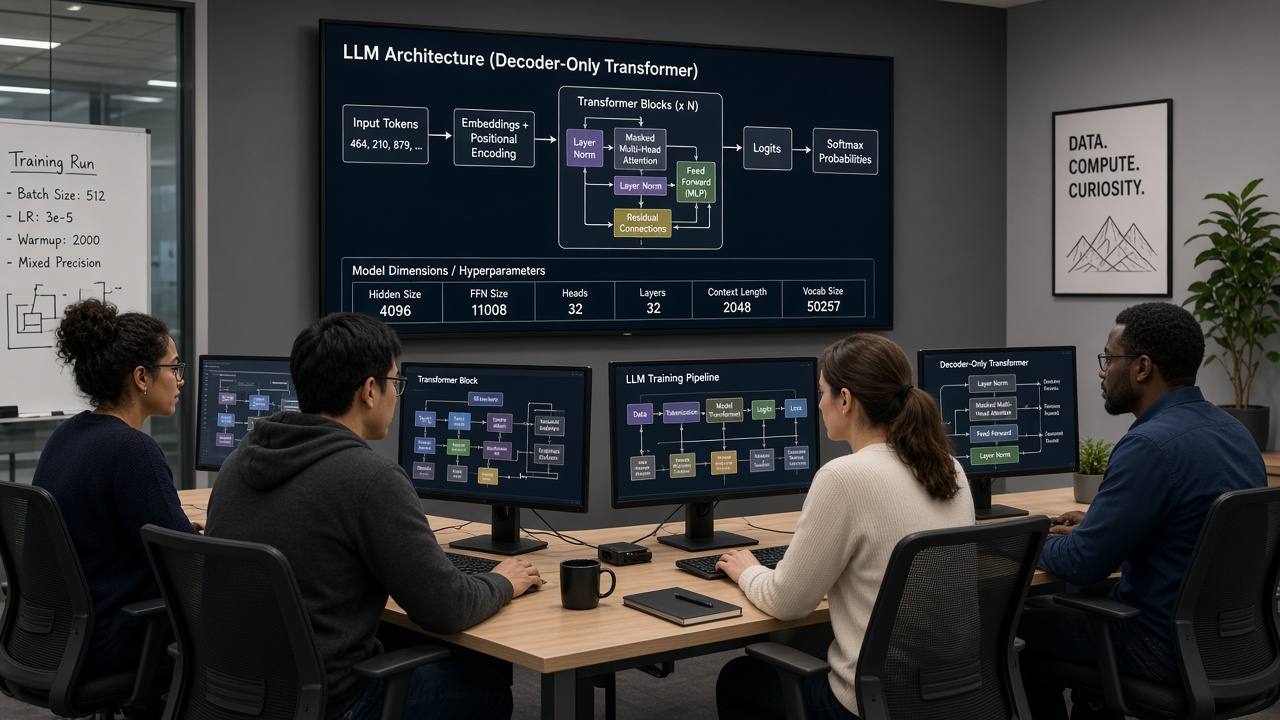 Training room with professionals looking at LLM diagrams on their own monitors