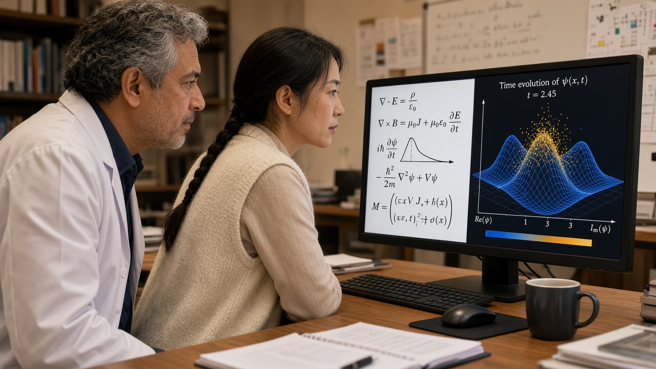 Two scientists looking at a monitor of equations and a physics simulation