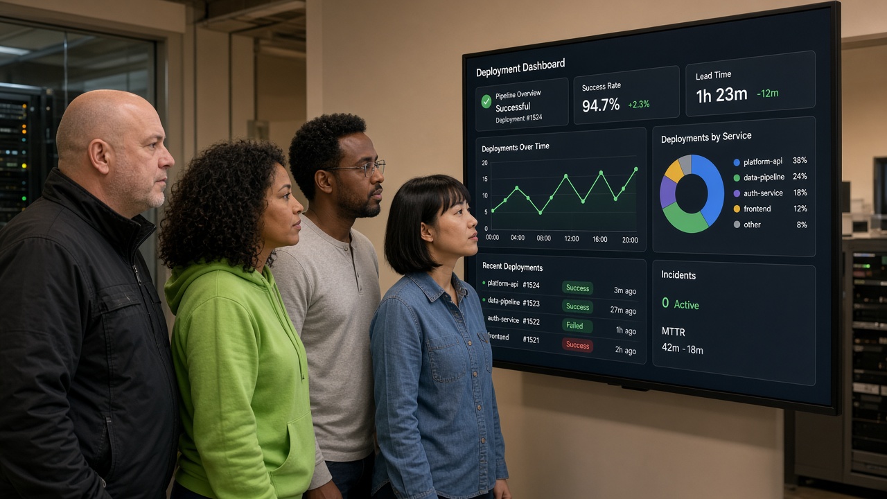 Four diverse professionals looking at a large deployment dashboard