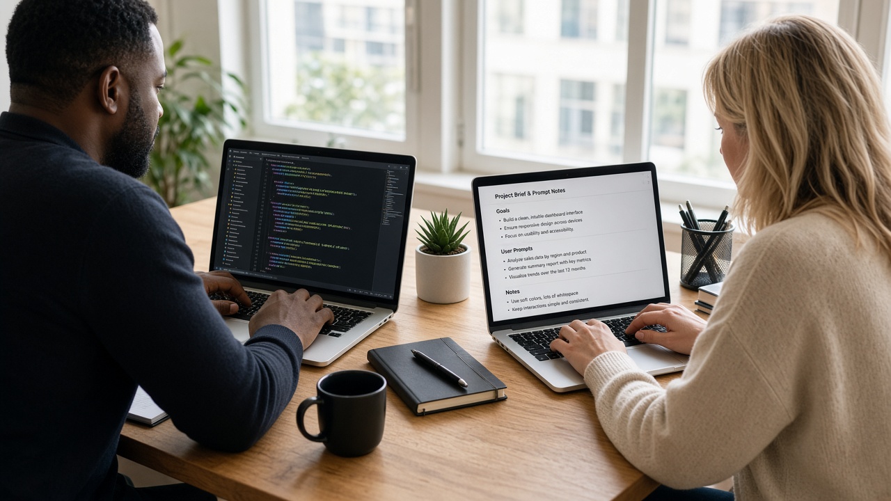 Two professionals, each looking at prompt-engineering work on their own laptop
