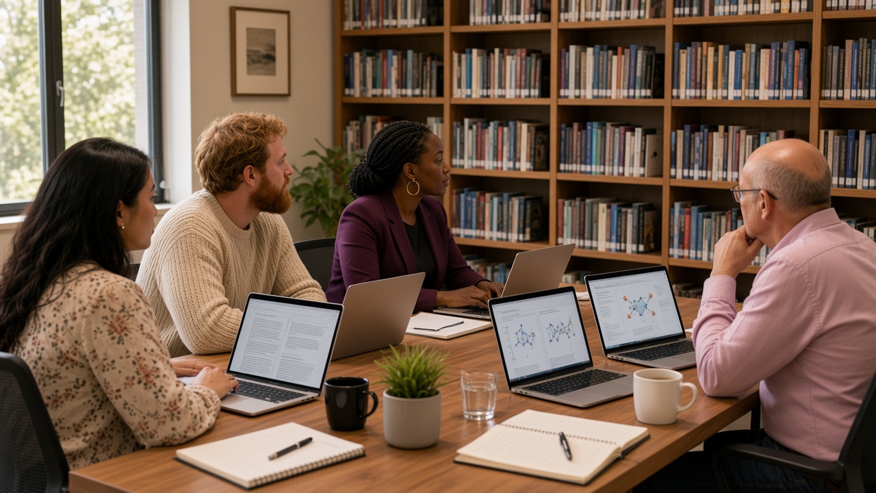 Four researchers at a table, each with their own laptop showing research papers and notes